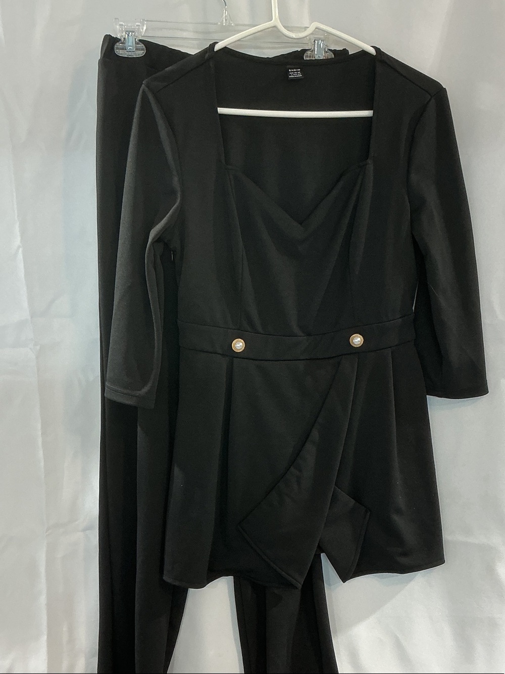 SHEIN Black Suit SET Draped Long Sleeve Top with Pearl-Style Buttons & pants